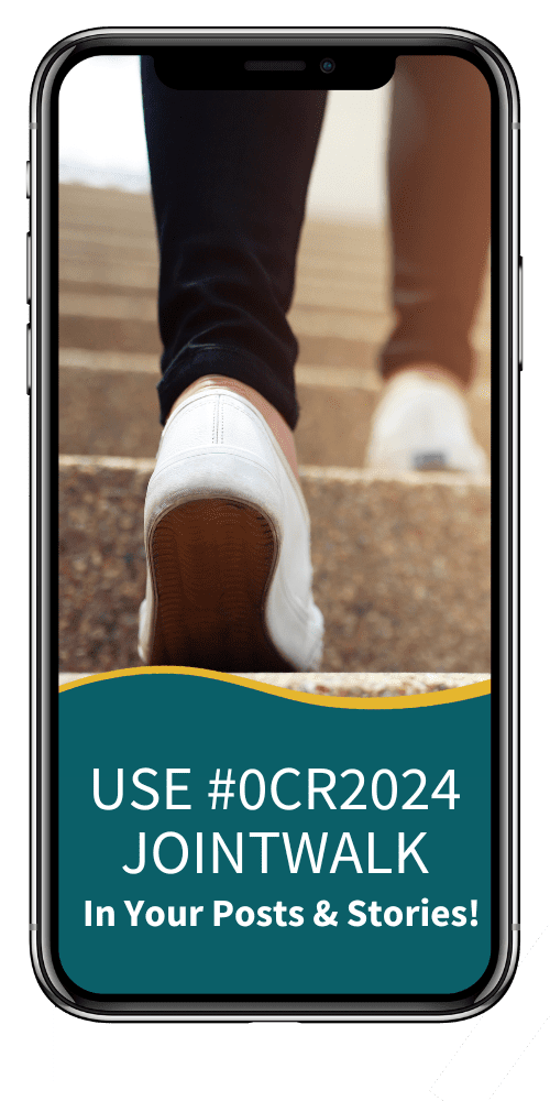 Celebrate Movement and Community with OCR's Virtual Walk Event! cell phone mockup that says "use #OCR2024JOINT WALK" for your social stories and posts