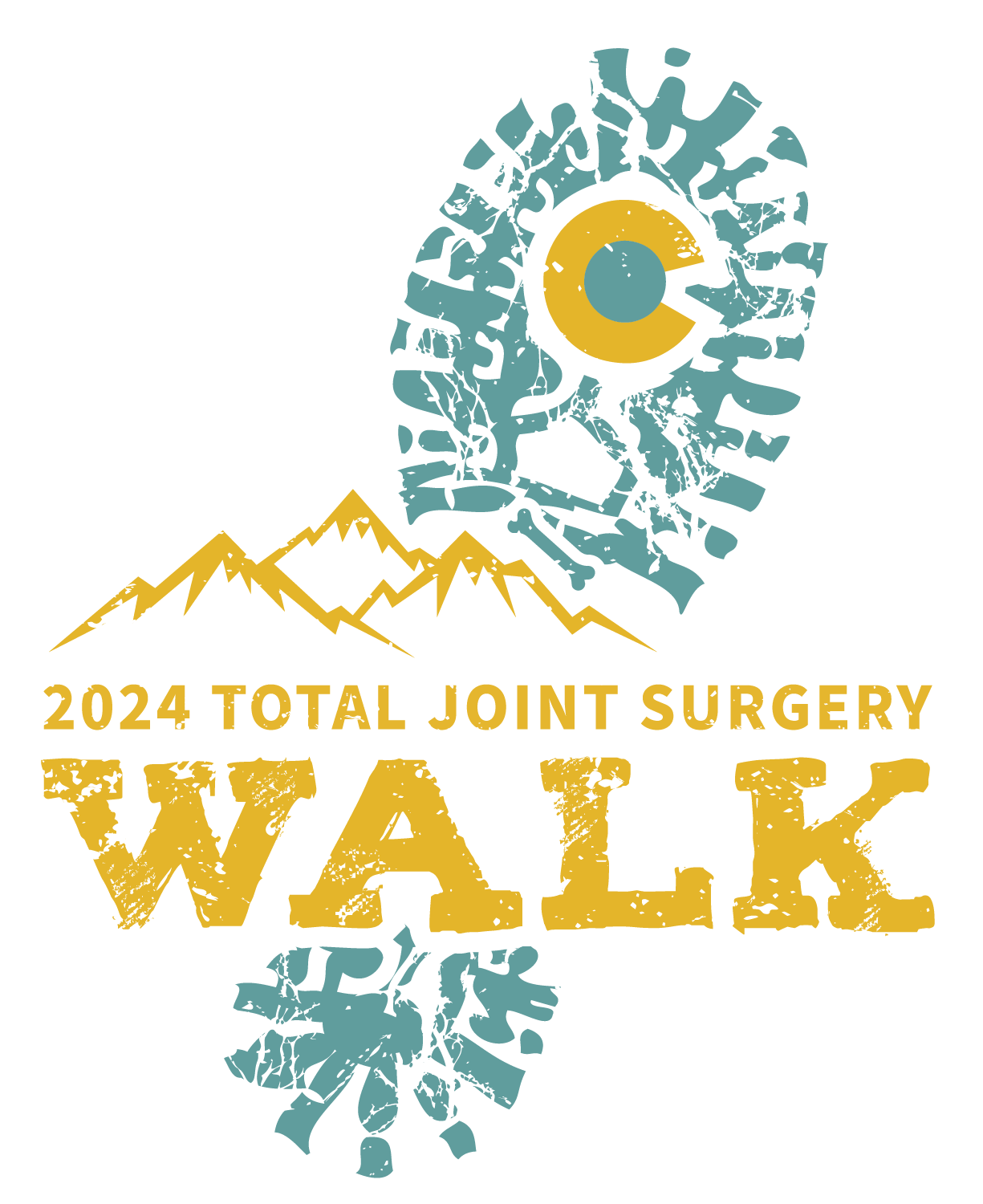 OCR_2024JointWalk_Logo_web Logo for the 2024 Total Joint Surgery Walk, featuring a stylized footprint with a circular symbol within it. Mountains are depicted above the text "2024 Total Joint Surgery Walk" in distressed yellow and greenish-blue font.