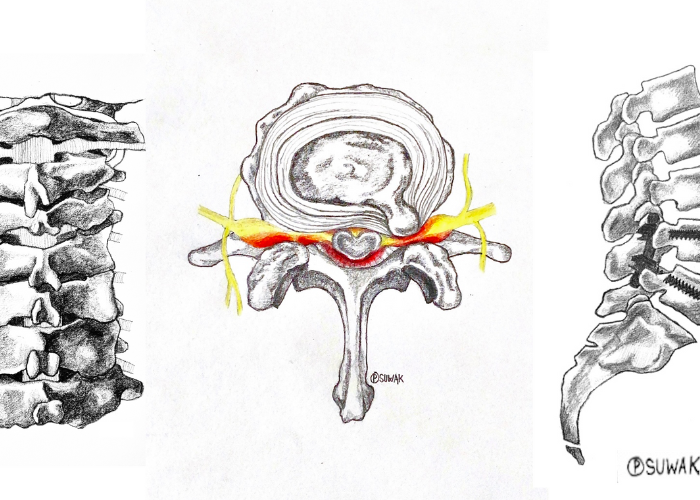 Dr. Suwak Medical Drawing A medical illustration showing three views of the spine. The left side depicts vertebrae laterally, the center shows a cross-section with spinal cord and nerves highlighted, and the right side illustrates vertebrae from another lateral perspective.