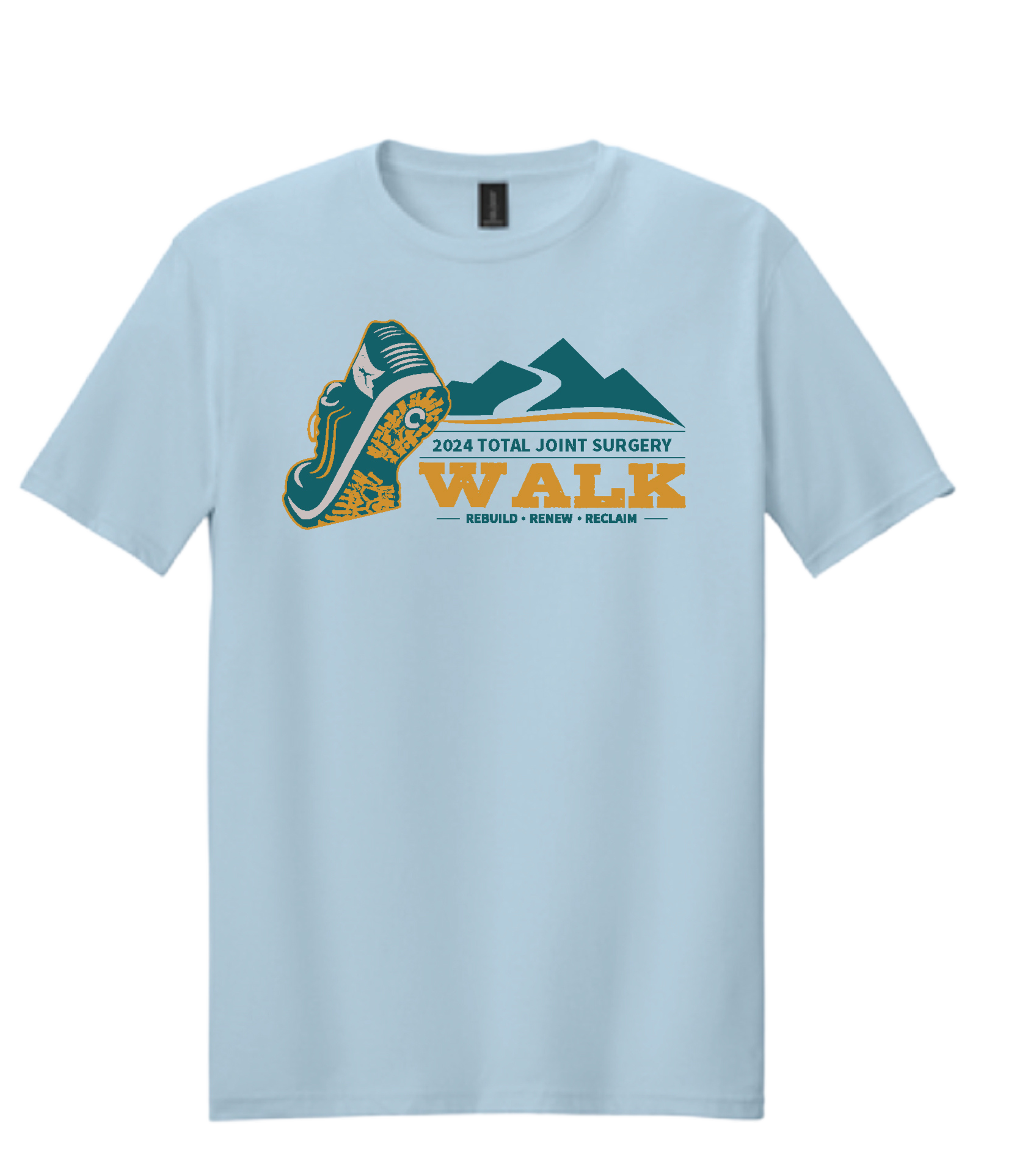 2024 Joint Walk T-Shirt A light blue T-shirt features a design for the "2024 Total Joint Surgery Walk." The graphic shows a sneaker next to mountain peaks, with the slogan "Rebuild • Renew • Reclaim" beneath.