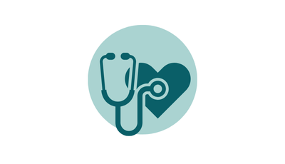 All-specialties A teal stethoscope is placed in front of a teal heart symbol, both centered within a light blue circle on a white background, representing health or medical care.