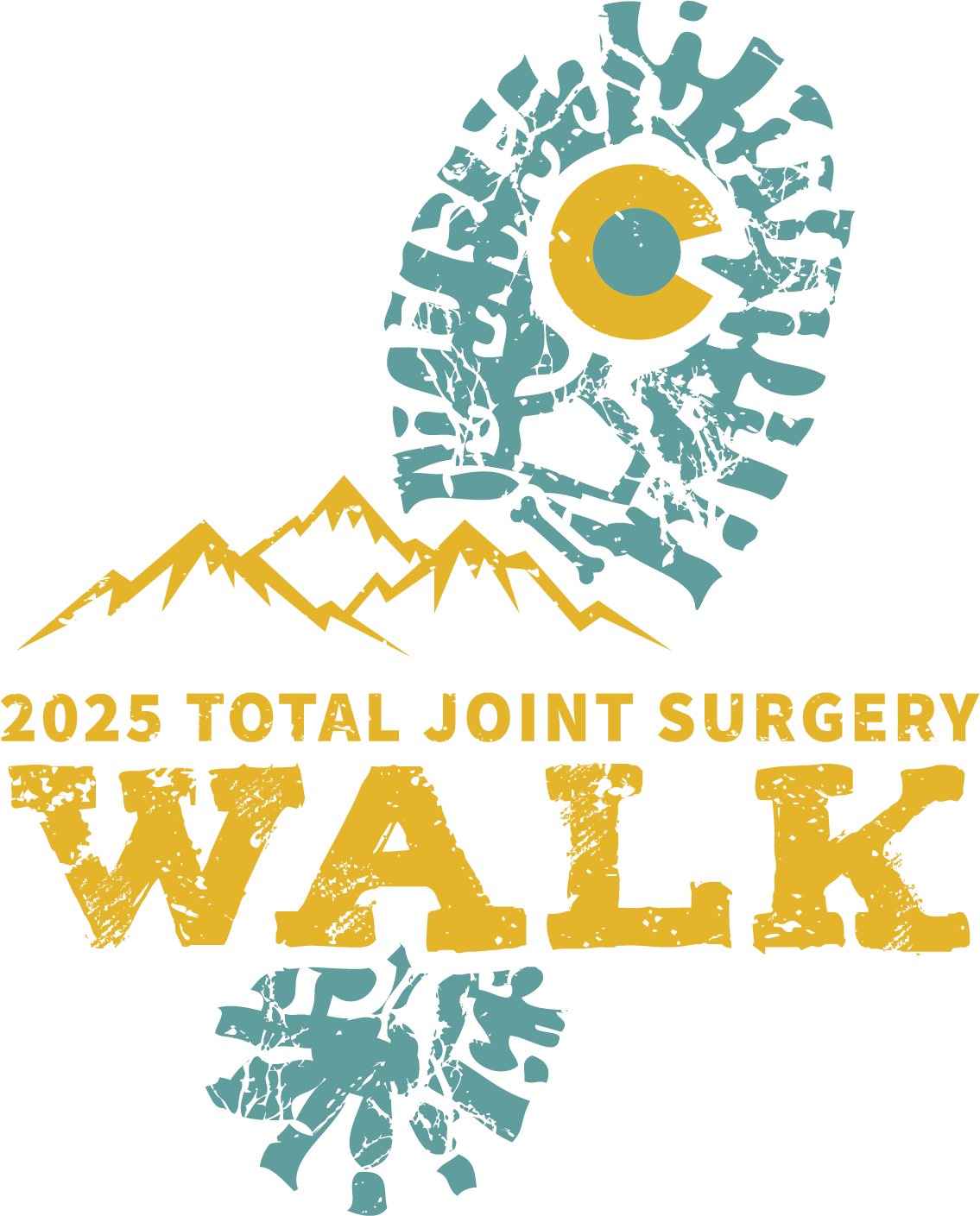 2025_OCR_JoinWalkLogo_FullColor Logo for the "2025 Total Joint Surgery Walk" featuring a large yellow and teal shoe print, yellow mountain graphic, and bold yellow text on a transparent background.