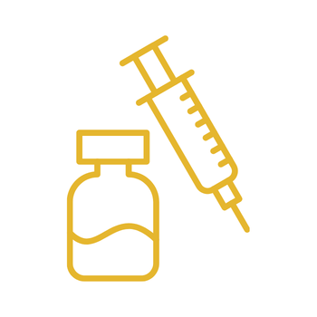 A yellow outline drawing of a syringe and a medicine vial, both positioned upright on a white background.