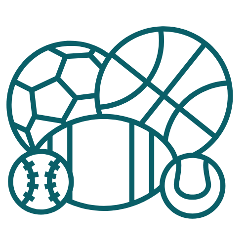 Outline illustration of five overlapping sports balls: a soccer ball, basketball, American football, baseball, and tennis ball, all drawn with teal lines on a light background.