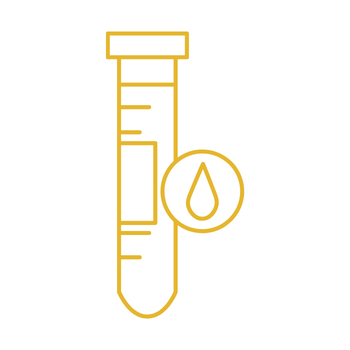 Yellow outline of a test tube with a droplet symbol inside a circle overlapping it, representing a blood test or laboratory analysis.