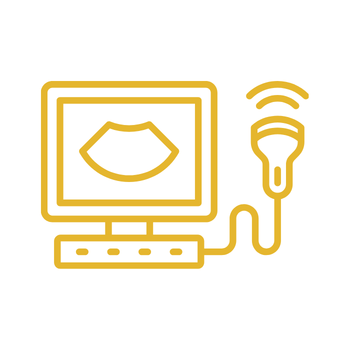 Yellow line drawing of an ultrasound machine, showing a monitor with an ultrasound image and a connected handheld probe, on a white background.