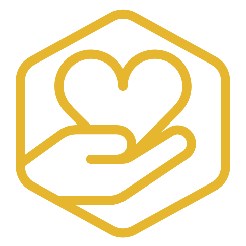 A yellow outline of a hand holding a heart inside a hexagon, symbolizing care, support, or giving, on a light gray background.