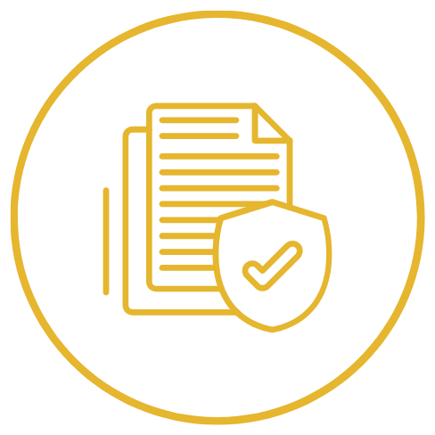 Yellow outline icon of two stacked documents with a shield containing a check mark in front, all inside a circle, symbolizing secure or verified documents.