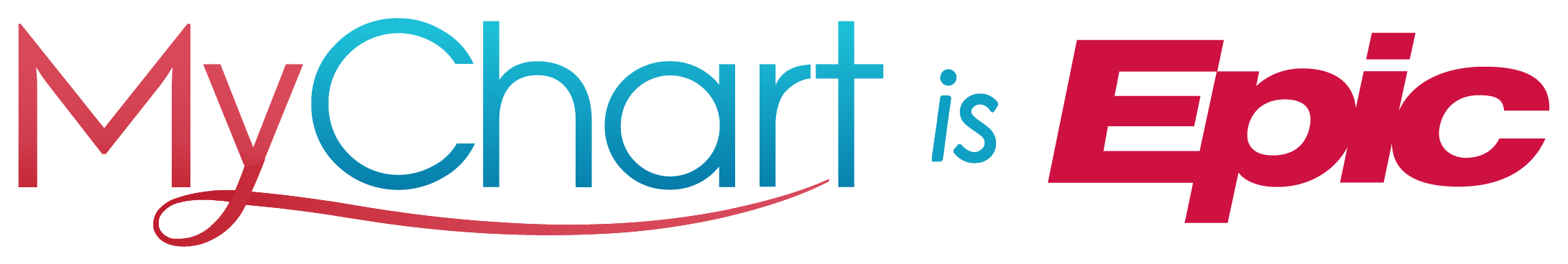 Text logo reading “MyChart is Epic” with “MyChart” in blue and red letters, “is” in small blue letters, and “Epic” in bold red letters.