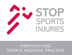 Logo with red abstract figures running, next to the text "STOP SPORTS INJURIES." Below, on a gray background, it says "PARTICIPATING SPORTS MEDICINE PRACTICE" in white capital letters.