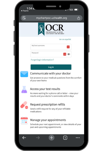 A smartphone screen displays the MyChart login page for the Orthopaedic & Spine Center of the Rockies, with username and password fields and options to communicate with your doctor, access test results, request refills, and manage appointments.