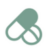 A simple green icon of a capsule and a round tablet overlapping on a white background, symbolizing medication or pharmaceuticals.
