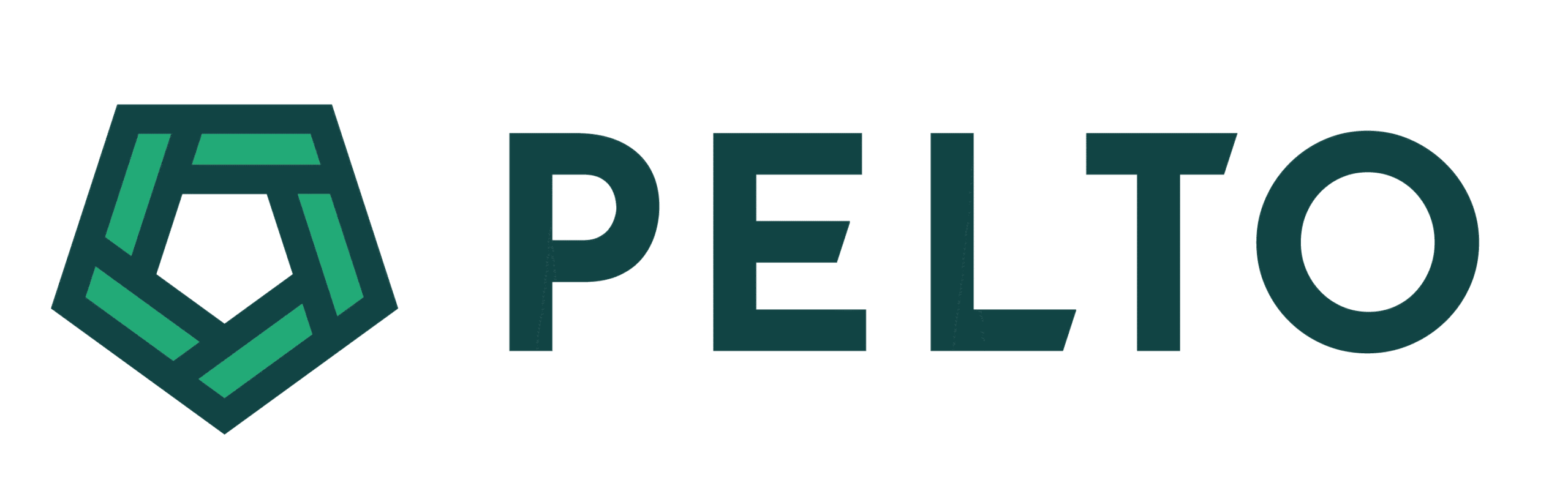 The image shows the word "PELTO" in bold, dark green letters. To the left of the text is a geometric, pentagon-shaped logo with green and teal segments. The background is light gray.
