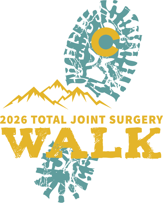 Logo for the 2026 Total Joint Surgery Walk featuring a boot print, a mountain range, and the word “WALK” in large yellow letters. The Colorado state flag symbol appears in the boot print.