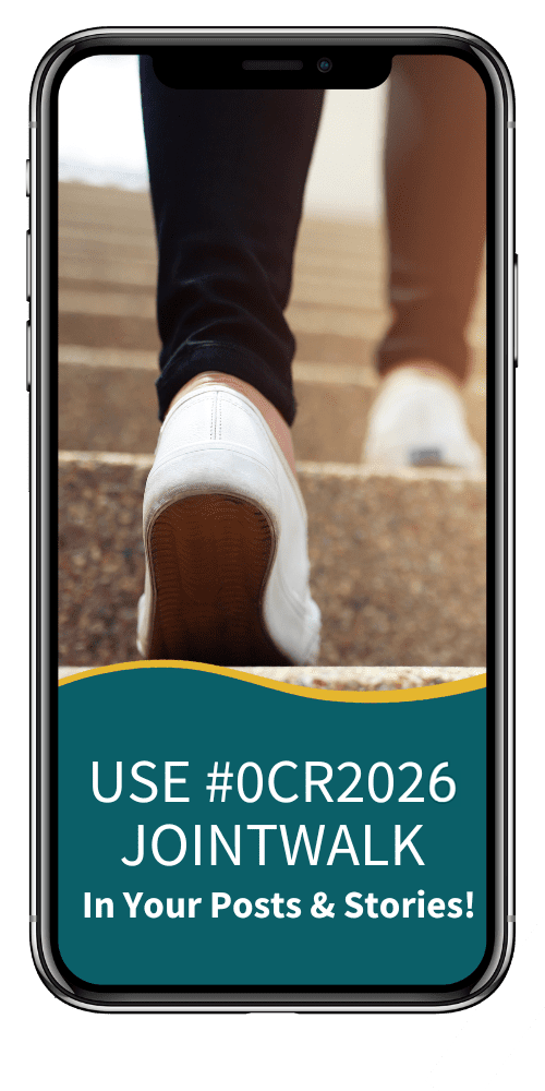 cell phone mockup that says "use #OCR2024JOINT WALK" for your social stories and posts