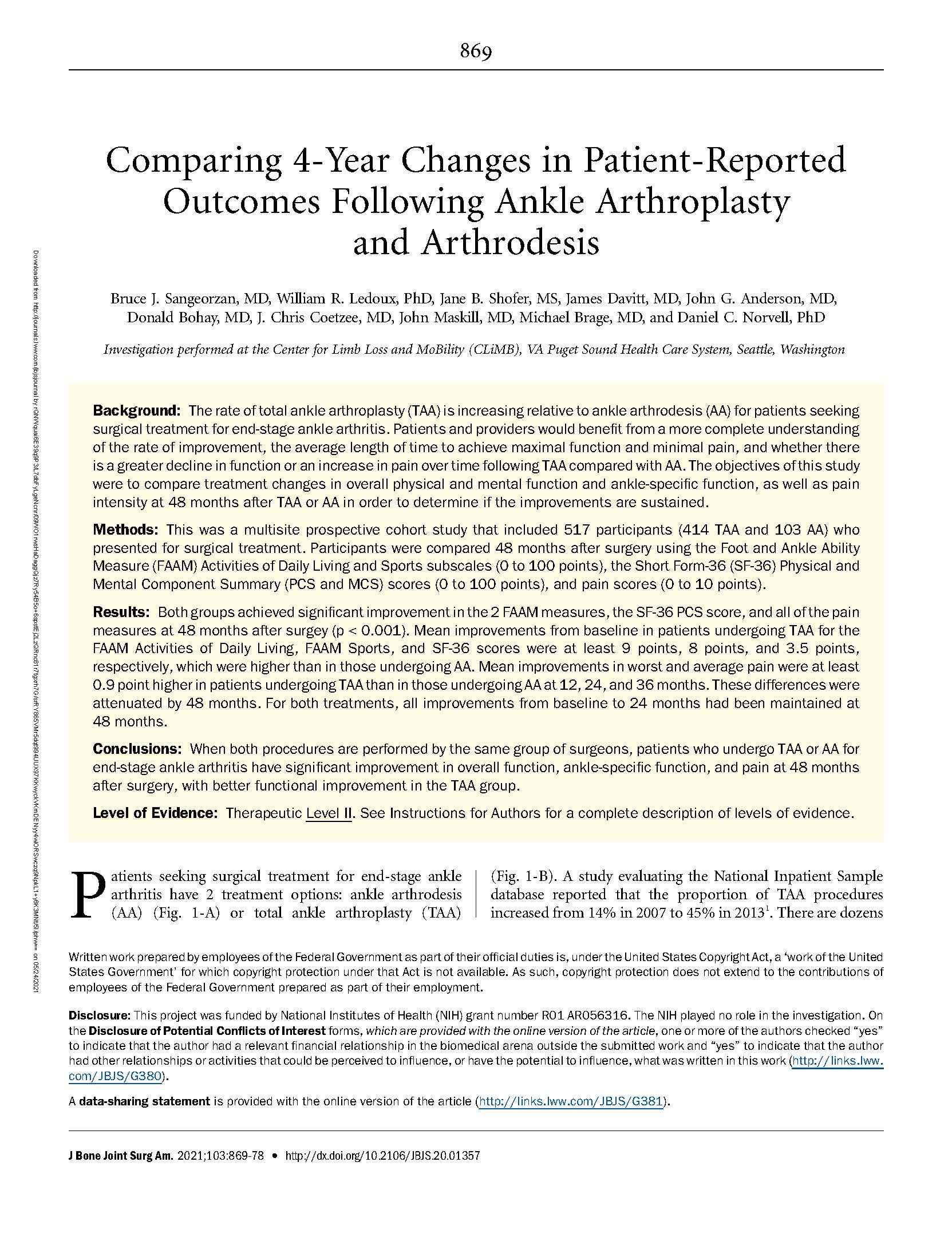 Comparing 4 Year Changes in Patient Reported.4 Page 01 Comparing 4-Year Changes in Patient-Reported Outcomes Following Ankle Arthroplasty & Arthrodesis | Amber Vance, ACNP-C, FNP