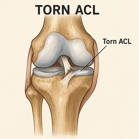 Illustration of a knee joint showing an ACL injury with a label pointing to the torn anterior cruciate ligament inside the knee.