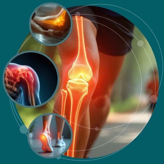 ocr-web-banner Illustration showing highlighted joints: an inflamed knee on a runner, with smaller circles displaying painful shoulder, wrist, and ankle joints, indicating joint pain or inflammation.